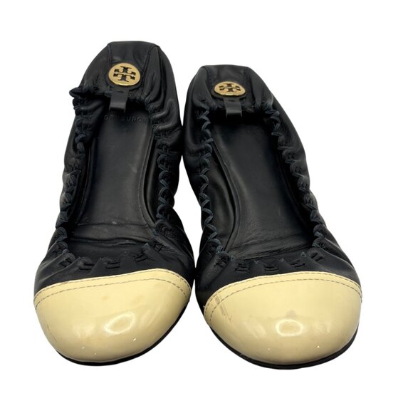 Tory Burch Womens Black & Cream Leather Cap Toe Ballet Flats Size 7.5 - Picture 1 of 4